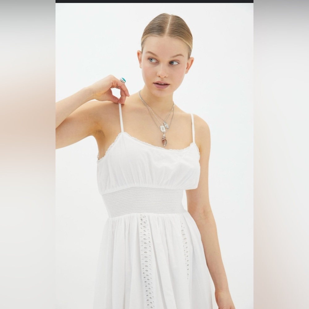 NWT Urban outfitters Rebecca Smosked waist White Midi Dress with Lace Details